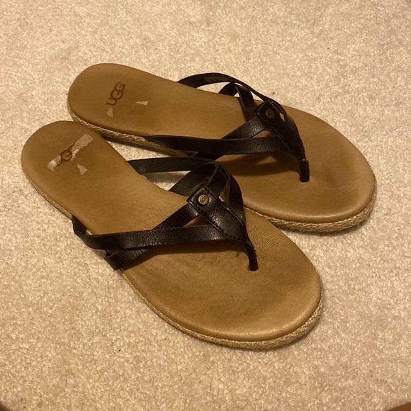 UGG Sandals. Black leather. Size 6. - Picture 1 of 2